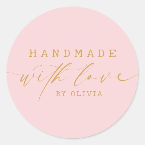 Simple Handmade with Love Script  Pink Gold Classic Round Sticker