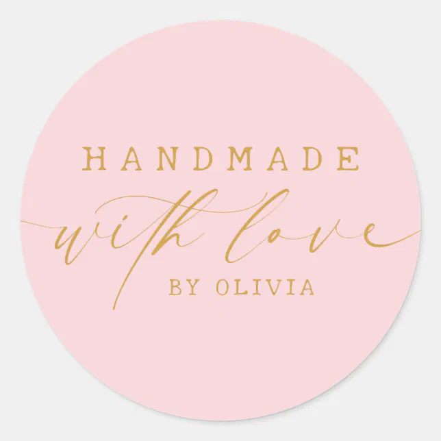 Simple Handmade with Love Script | Pink Gold Classic Round Sticker | Zazzle