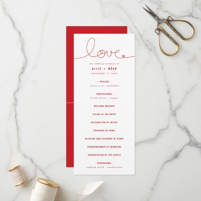Simple Handwrite Loopy Love Line Red Heart Wedding Program (Front/Back In Situ)