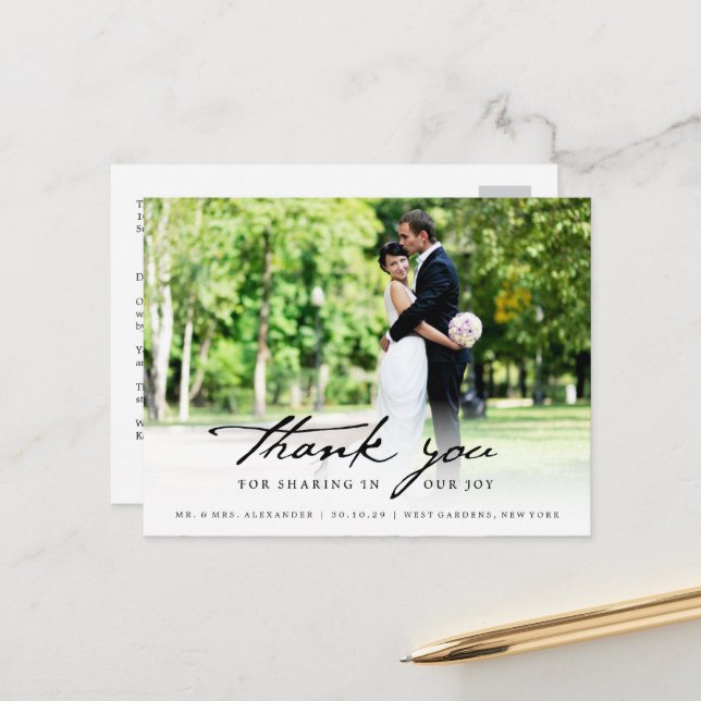 Simple Handwrite Script Classy Wedding Thank You Postcard (Front/Back In Situ)