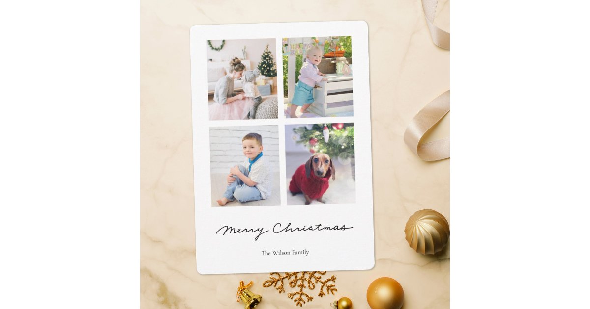 Simple Handwriting Merry Christmas Multi Photo Holiday Card | Zazzle