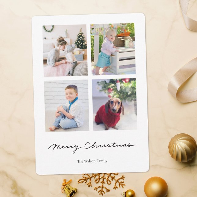 Simple Handwriting Merry Christmas Multi Photo Holiday Card (Creator Uploaded)
