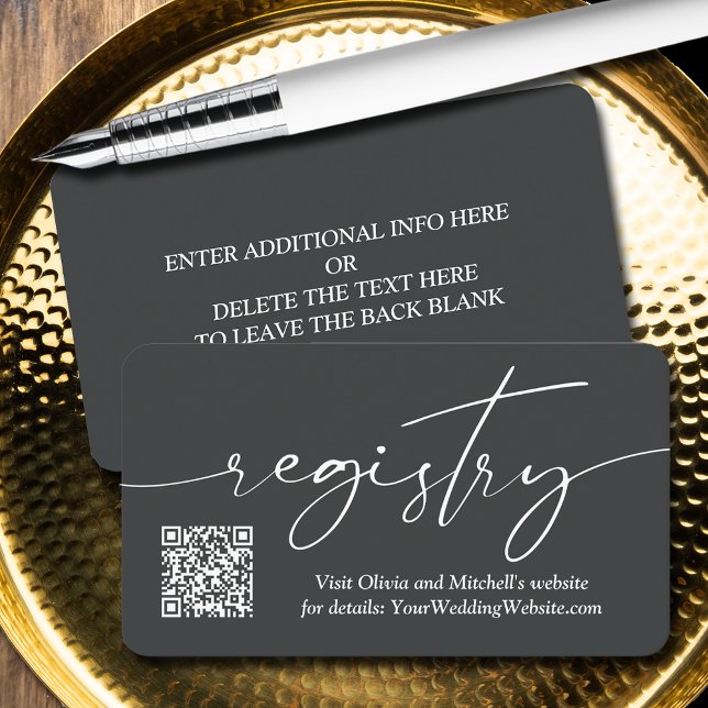 Simple Handwriting QR Code Wedding Registry  Enclosure Card (QR Code on handwritten script wedding registry enclosure cards - Off Black, more info on back)