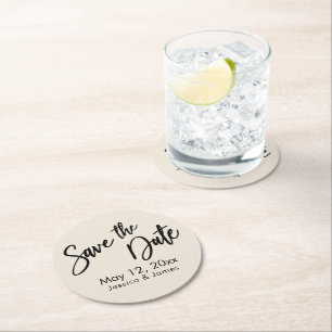 Simple Handwriting Typography Save the Date Cream Round Paper Coaster