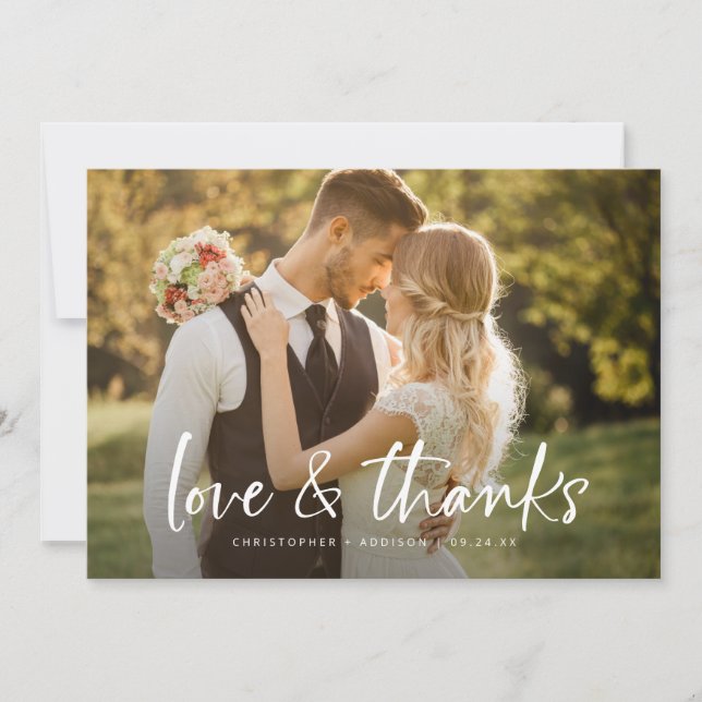 Simple Handwritten Love Thanks Photo Wedding Thank You Card (Front)
