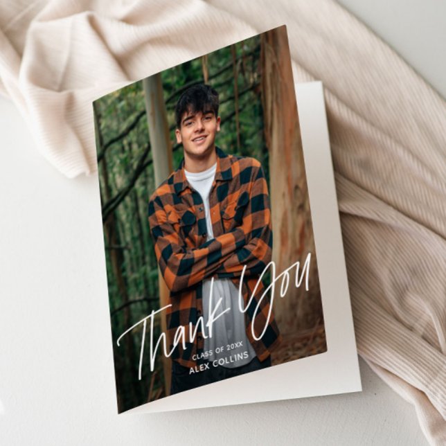 Simple Handwritten Modern Photo Graduation Thank You Card (Modern Handwritten Photo Graduation Folded Thank You Cards.)