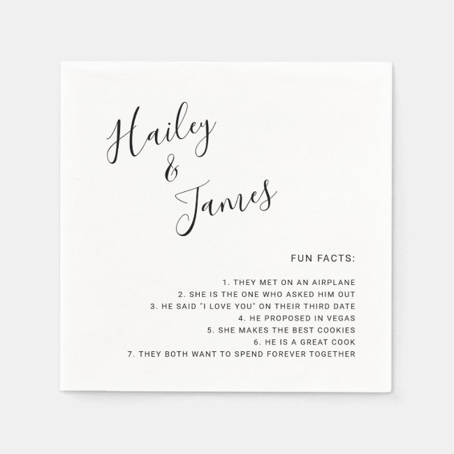 Simple Handwritten Names Fun Facts Wedding Napkins