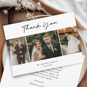 Simple Handwritten Script 3 Photo Wedding Thank You Card