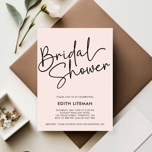 Simple Handwritten Script Elegant Pink Bridal Invitation (HANDWRITTEN CALLIGRAPHY SCRIPT MODER BRIDAL SHOWER PARTY INVITATION BLACK AND BLUSH PINK)