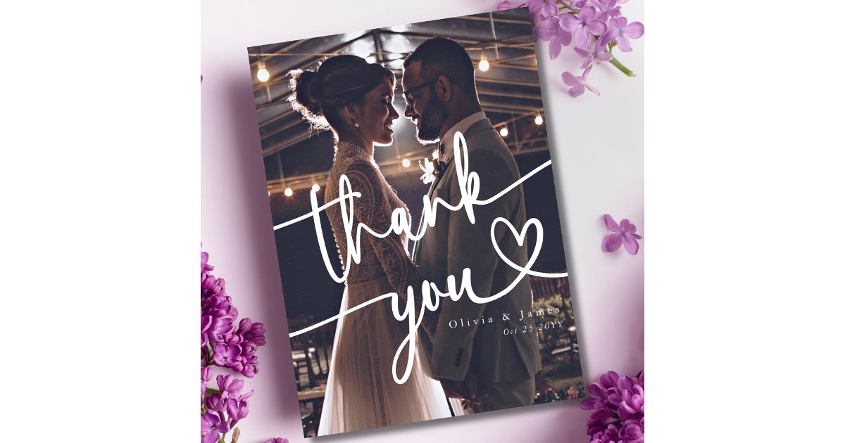 Simple Handwritten Script Heart Wedding Photo Thank You Card | Zazzle
