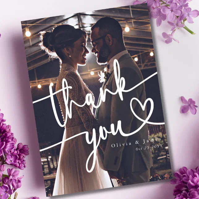 Simple Handwritten Script Heart Wedding Photo Thank You Card | Zazzle