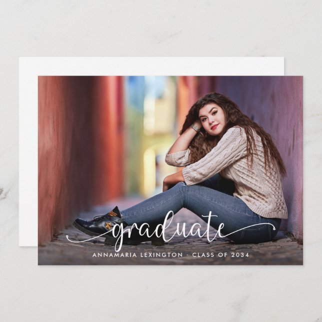 Simple Handwritten Script Modern Photo Graduation Announcement (Front/Back)