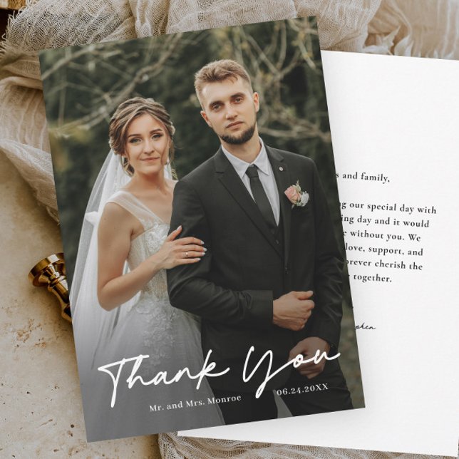Simple Handwritten Script Photo Wedding Thank You Card (Simple handwritten script wedding photo thank you cards.)