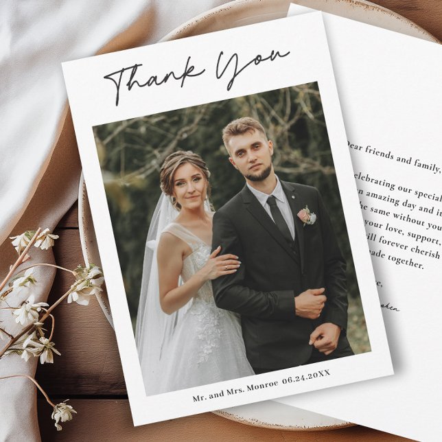 Simple Handwritten Script Photo Wedding Thank You Card (Simple handwritten wedding photo thank you cards.)