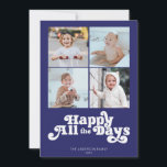 Simple Hanukkah Four Photo Holiday Card<br><div class="desc">These 5" x 7" flat Hanukkah greeting cards feature a minimalist design with the greeting,  "Happy All the Days, " in white letters on a royal blue background with placeholders for four (4) of your favorite photos,  family name(s) and year.</div>