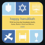 Simple Hanukkah Icons Sticker<br><div class="desc">This sticker uses the icons of Hanukkah to convey warm wishes. The bright blue and gold colors surround icons of a dreidel, menorah, and kiddush cup, among others to frame your message. Great as envelope seals or for sticking on holiday packages or gifts. Available in alternate colors with matching products....</div>