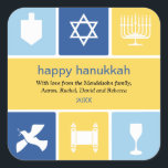 Simple Hanukkah Icons Sticker<br><div class="desc">This sticker uses the icons of Hanukkah to convey warm wishes. The bright blue and gold colors surround icons of a dreidel, menorah, and kiddush cup, among others to frame your message. Great as envelope seals or for sticking on holiday packages or gifts. Available in alternate colors with matching products....</div>