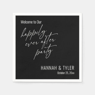 Simple Happily Ever After Party White on Black Napkins