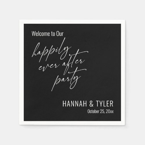 Simple Happily Ever After Party White on Black Napkins