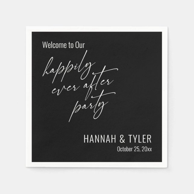 Simple Happily Ever After Party White on Black Napkins (Front)