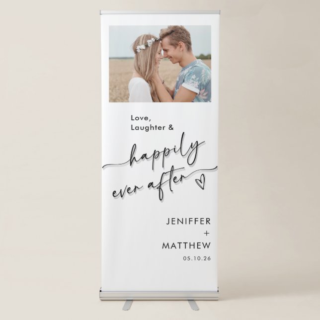 Simple Happily Ever After Photo Welcome Wedding Retractable Banner (Front)