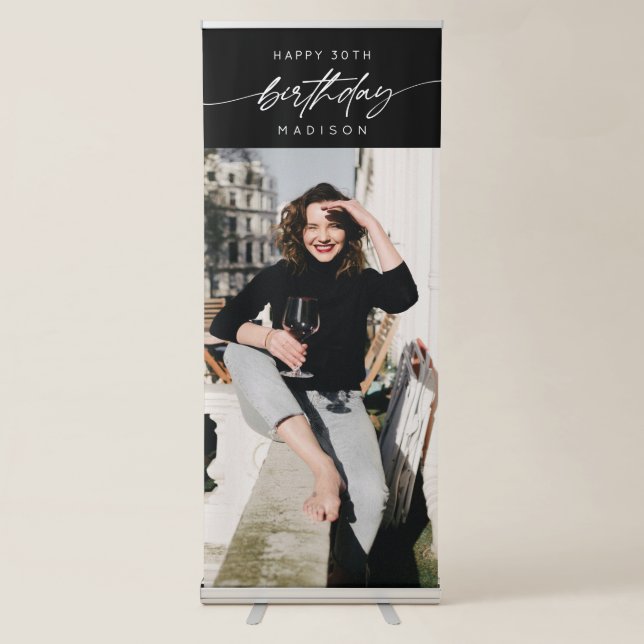 Simple Happy 30th Birthday Party Photo Script Retractable Banner (Front)