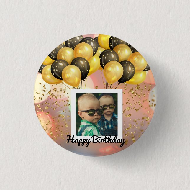 Simple Happy Birthday Add Photo Text Personalized  Button (Front)