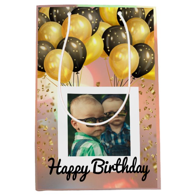 Simple Happy Birthday Add Photo Text Personalized  Medium Gift Bag (Front)