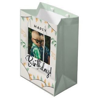 Simple Happy Birthday Add Photo Text Personalized  Medium Gift Bag