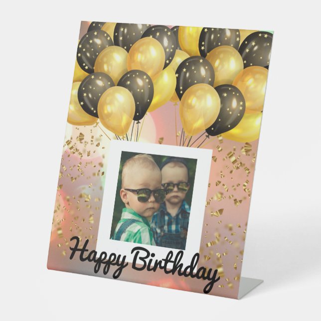 Simple Happy Birthday Add Photo Text Personalized  Pedestal Sign (Front)