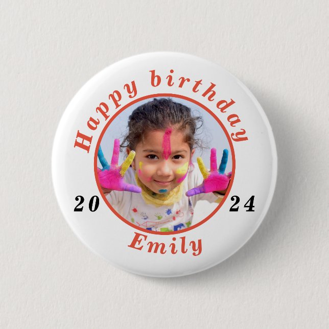 Simple happy birthday Photo name age Button (Front)