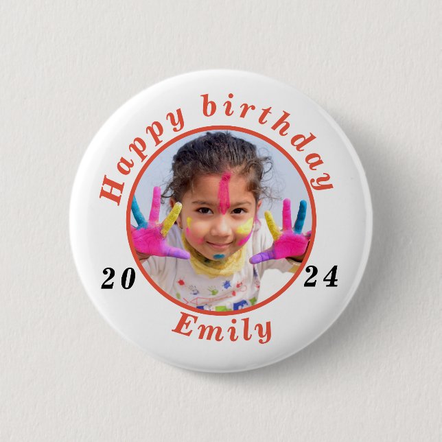 Simple happy birthday Photo name Button (Front)