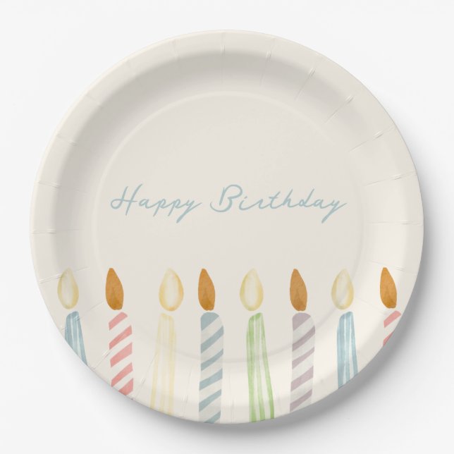 Simple “Happy Birthday” with Candles Party Paper Plates (Front)