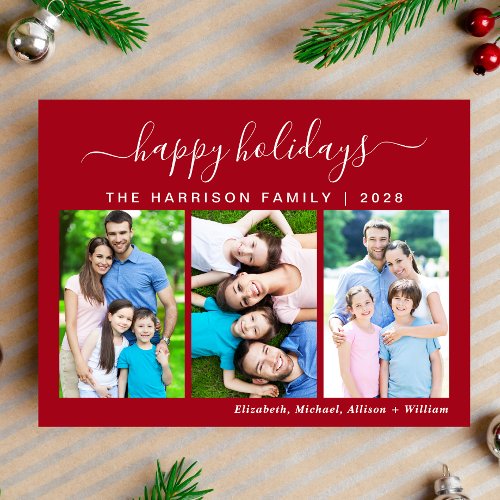 Simple Happy Holidays 3 Photo Holiday Postcard