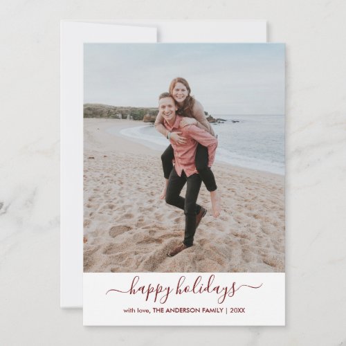 Simple Happy Holidays Christmas Script Photo Red Holiday Card