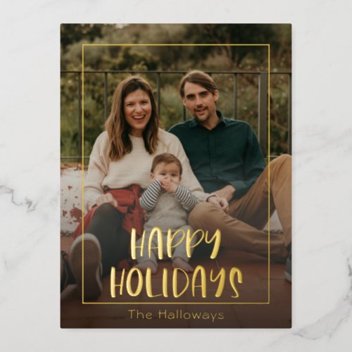 Simple Happy Holidays Framed Photo Gold Foil Holiday Postcard