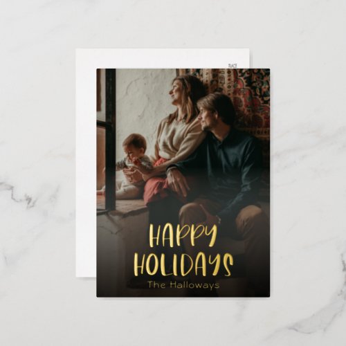 Simple Happy Holidays Full Vertical Photo Gold Foil Holiday Postcard