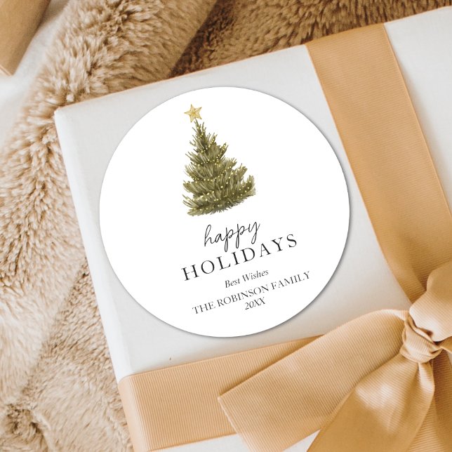 Simple Happy Holidays Green Christmas Pine Tree Classic Round Sticker (Creator Uploaded)