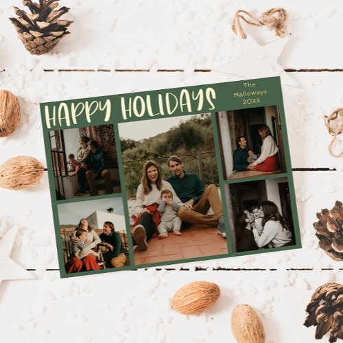 Simple Happy Holidays  Green Five Photo Gold Foil Holiday Card