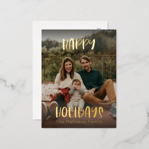 Simple Happy Holidays  Modern Full Photo Gold Foil Holiday Postcard