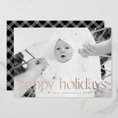 Simple Happy Holidays Photo Rose Gold Foil Holiday Card