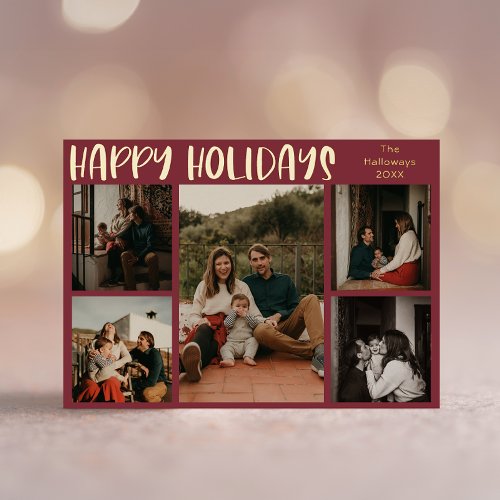 Simple Happy Holidays Red Five_Photo Gold Foil Holiday Card