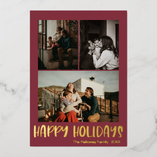 Simple Happy Holidays Red Vertical 3 Photo Gold Foil Holiday Card
