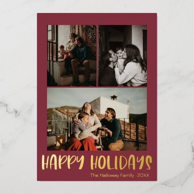 Simple Happy Holidays Red Vertical 3 Photo | Gold Foil Holiday Card (Front)