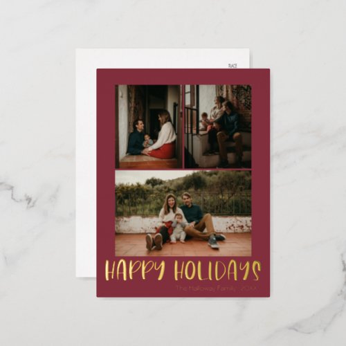 Simple Happy Holidays Red Vertical 3 Photo  Gold Foil Holiday Postcard