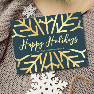 Simple Happy Holidays snowflake gold blue business Letterpress Thank You Card