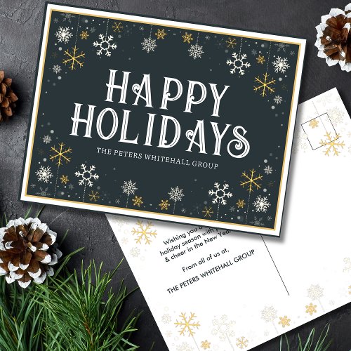 Simple Happy Holidays Snowflake Gold Blue Business Postcard