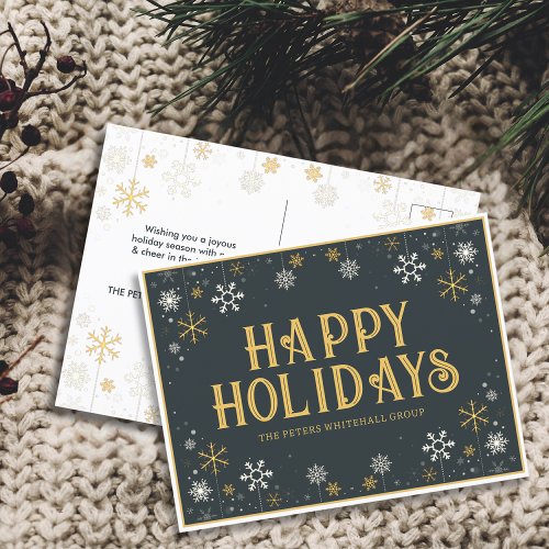 Simple Happy Holidays Snowflake Gold Blue Business Postcard