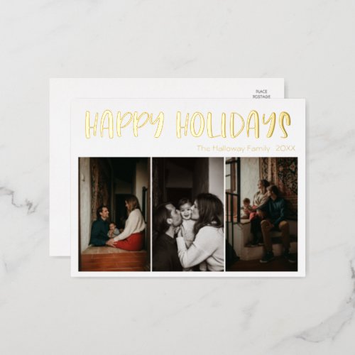 Simple Happy Holidays Three Photo  Gold Foil Holiday Postcard