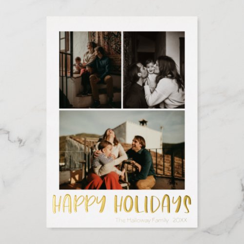 Simple Happy Holidays Vertical 3 Photo  Gold Foil Holiday Card